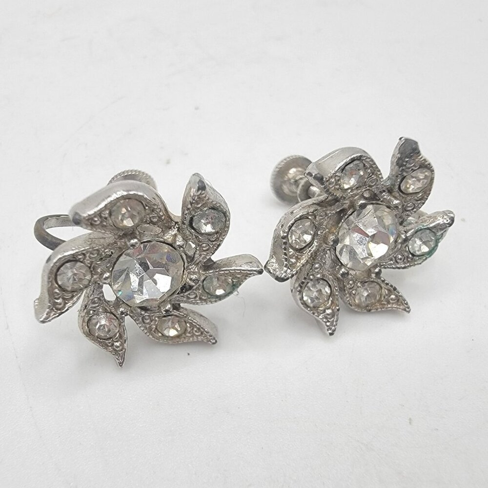 Signed BOGOFF Vintage Clear Rhinestone Silver Tone Screw‎ Back Earrings